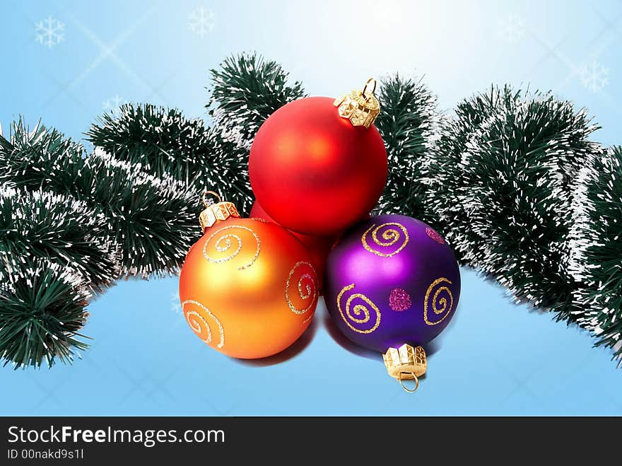 New Year's and  Christmas spheres and tinsel. New Year's and  Christmas spheres and tinsel