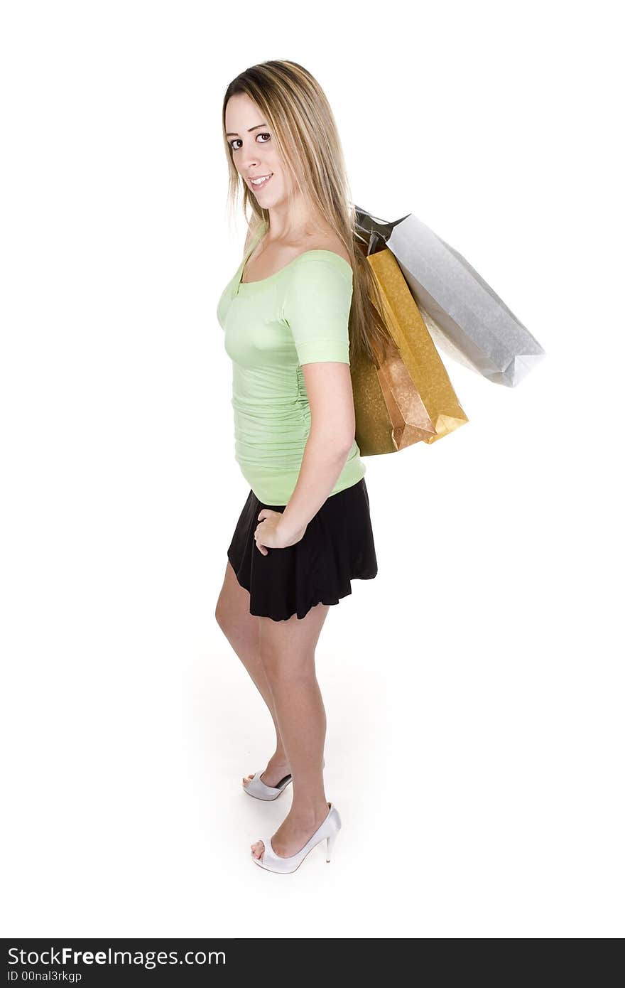 Woman with shopping bags over white background