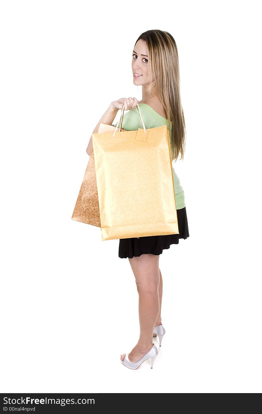 Woman with shopping bags over white background