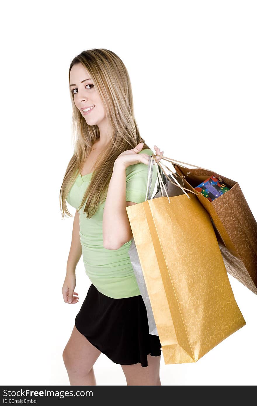 Woman with shopping bags over white background