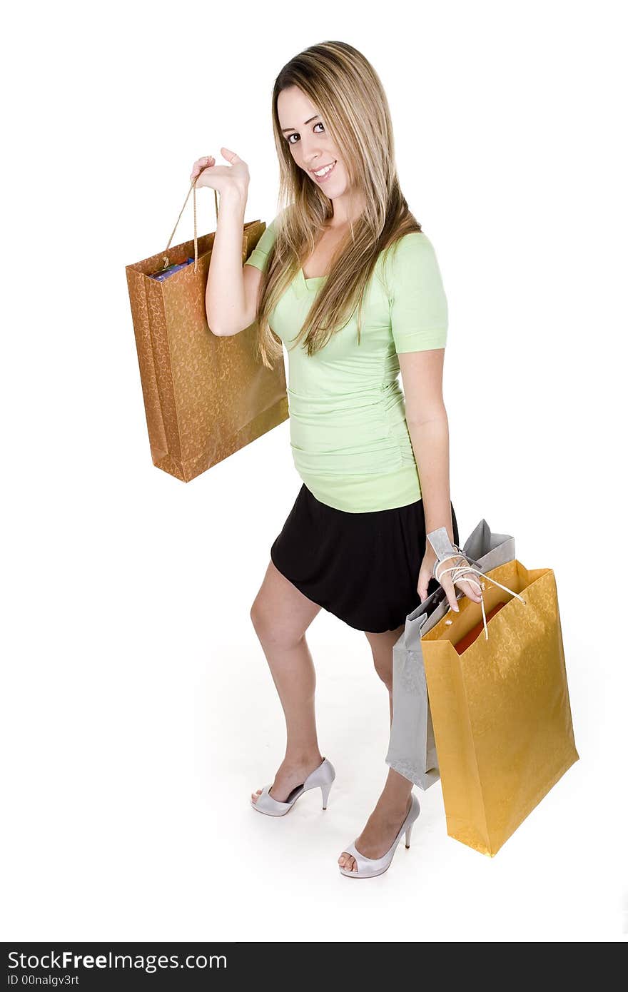 Woman with shopping bags over white background