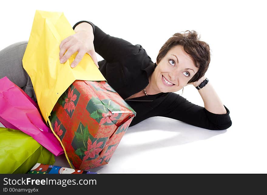 Woman with shopping bags over white background. Woman with shopping bags over white background