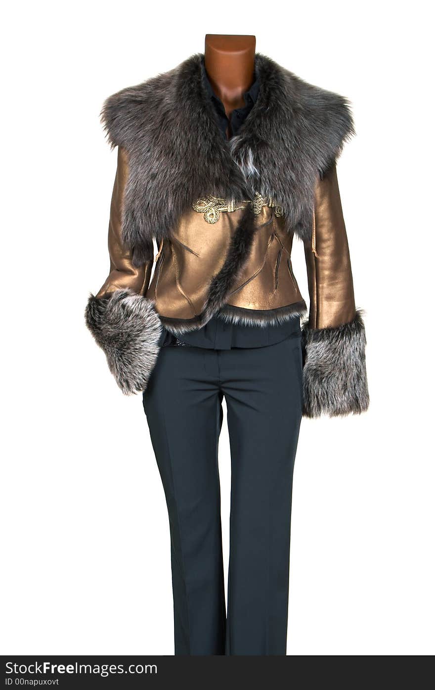 Female winter jacket of gold color decorated by fur