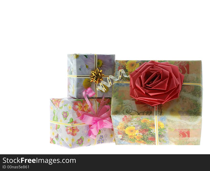 Boxes with gifts. It is isolated on a white background. Boxes with gifts. It is isolated on a white background