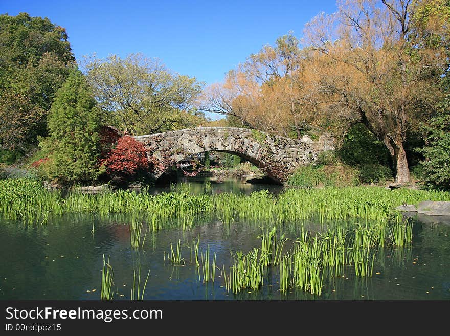 Central Park bridge and lake in the fall. Central Park bridge and lake in the fall.