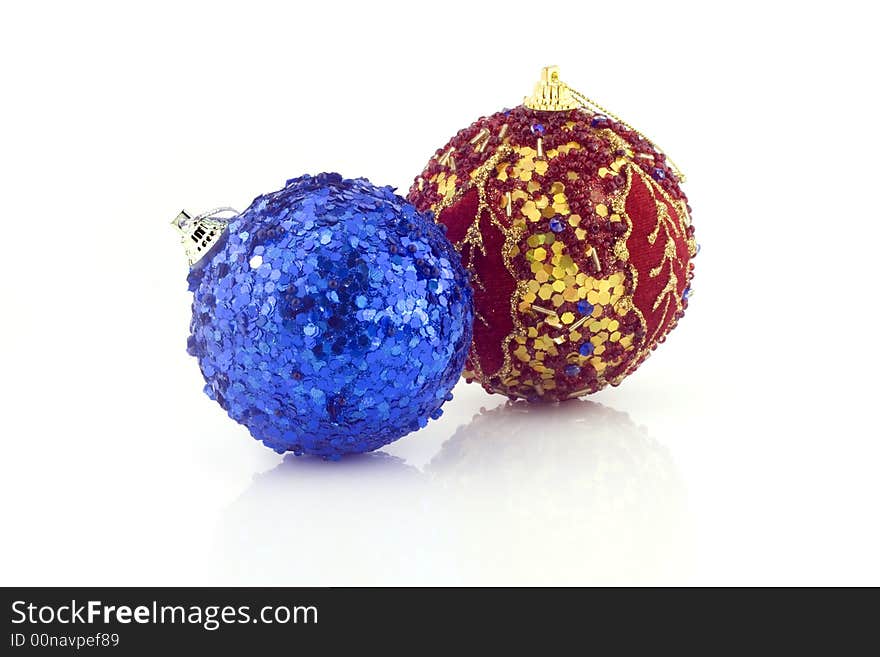 Two christmas balls isolated on white background