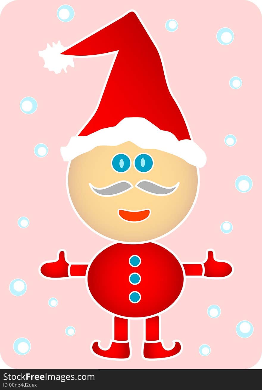 A cute Santa in red Christmas costume. Snow falling in the background.