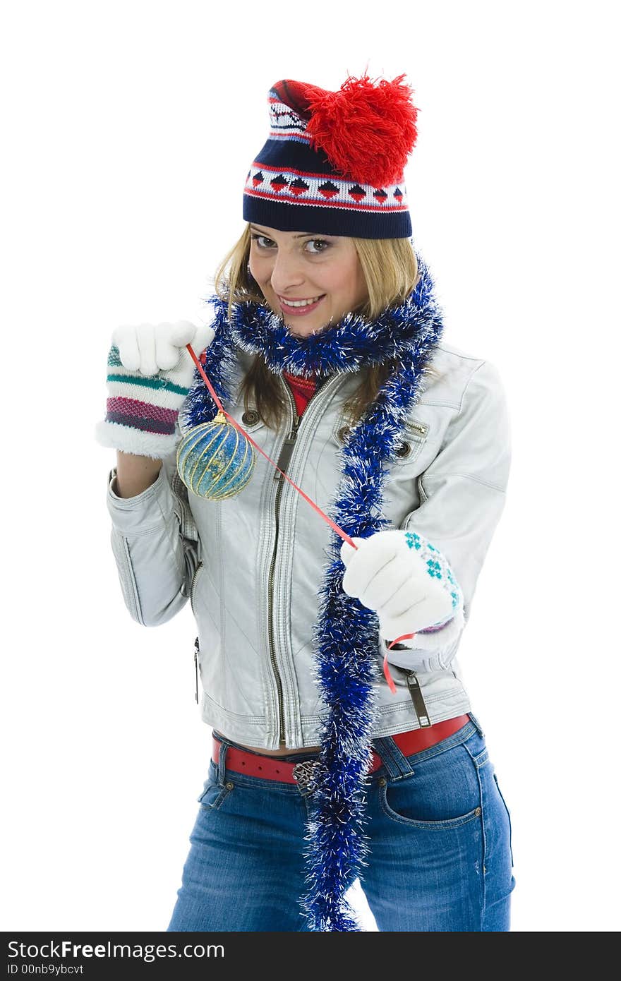 Beautiful woman with christmas decoration on isolated background