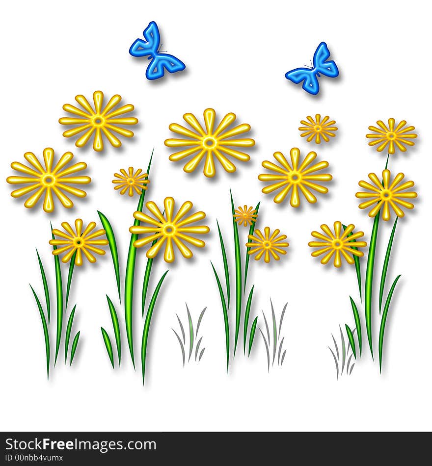 Colorful 3d daisy and butterflies on white background