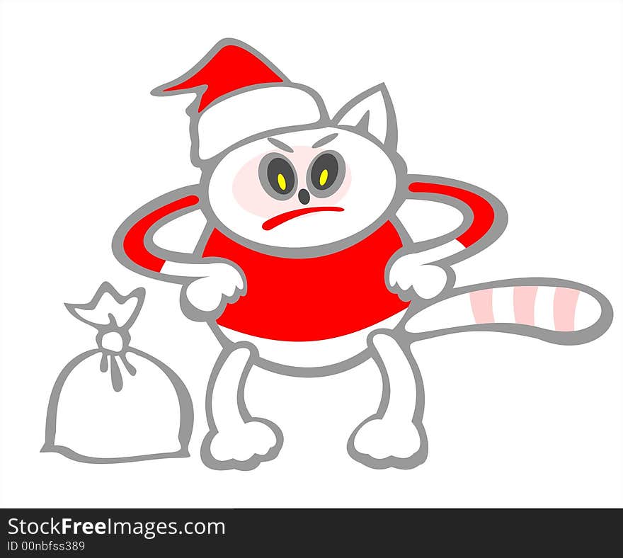 The angry stylized cat in christmas clothes with a bag of gifts on a white background. The angry stylized cat in christmas clothes with a bag of gifts on a white background.