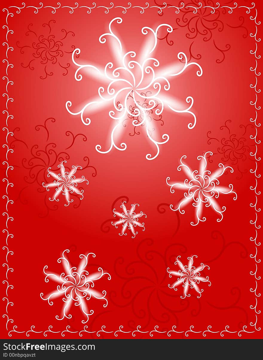 A decorative snow flake background featuring abstract snowflake patterns and border in red and white colors. A decorative snow flake background featuring abstract snowflake patterns and border in red and white colors