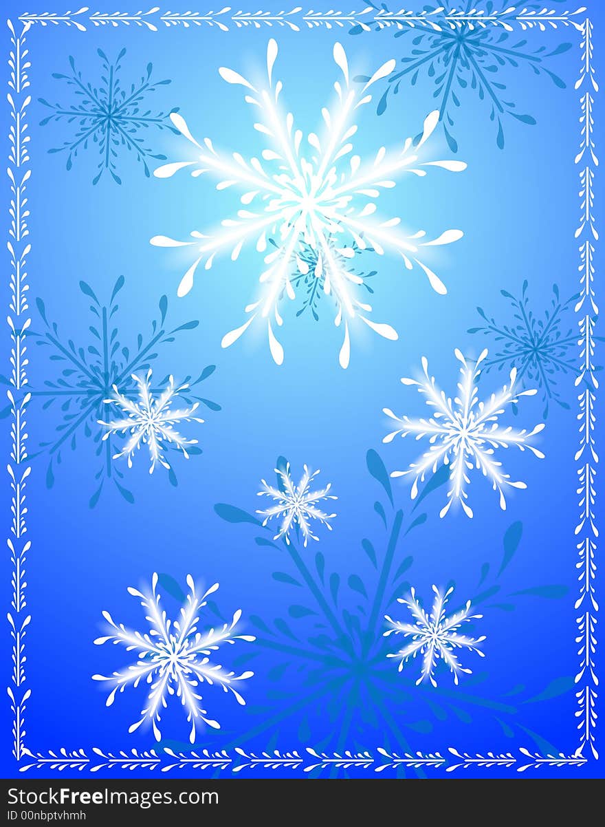 A decorative snow flake background featuring abstract snowflake patterns and border in blue and white colors. A decorative snow flake background featuring abstract snowflake patterns and border in blue and white colors