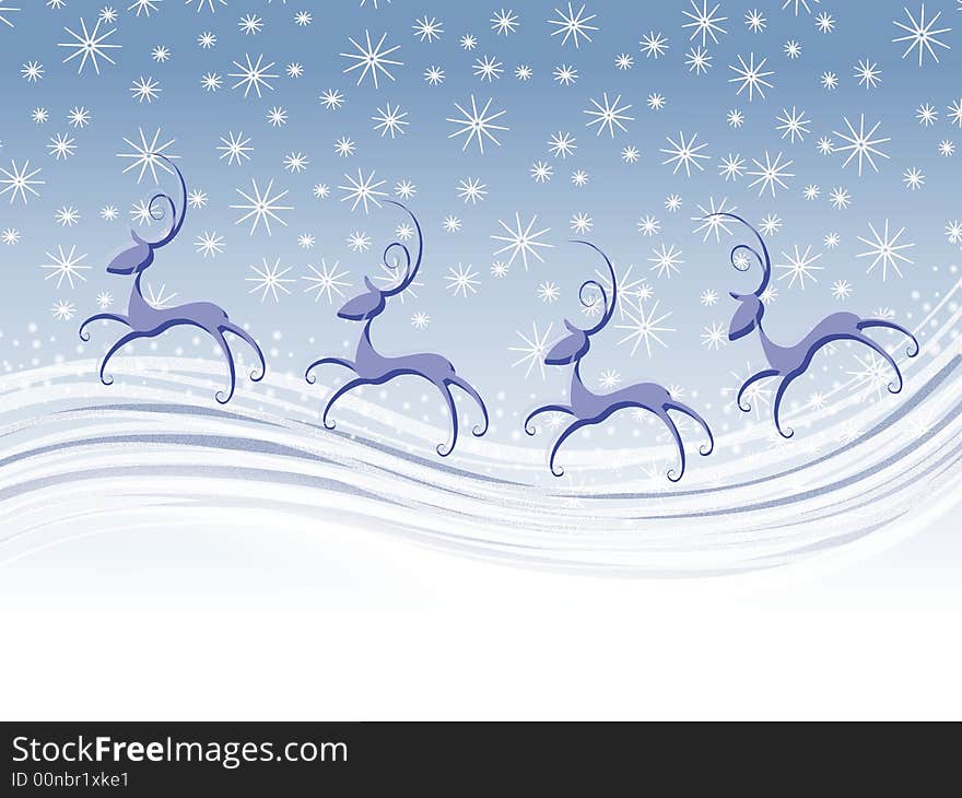 A clip art illustration of abstract looking reindeer flying through the snowflake filled sky in blue and white colors. A clip art illustration of abstract looking reindeer flying through the snowflake filled sky in blue and white colors