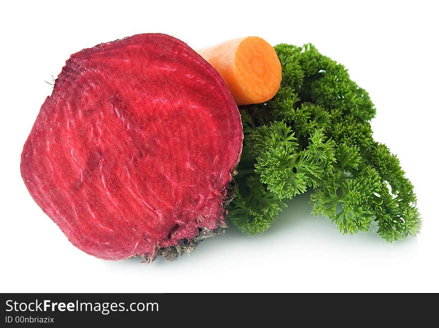 Red beet, carrot and parsley isolated on white background.