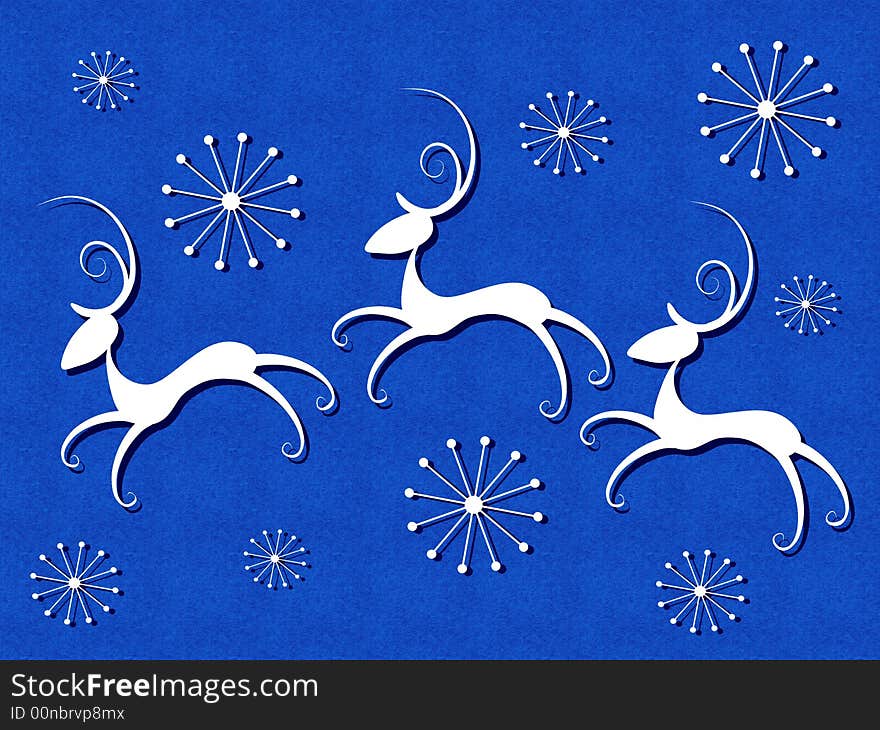 A clip art illustration of abstract looking reindeer flying through the snowflake filled sky in blue and white colors. A clip art illustration of abstract looking reindeer flying through the snowflake filled sky in blue and white colors