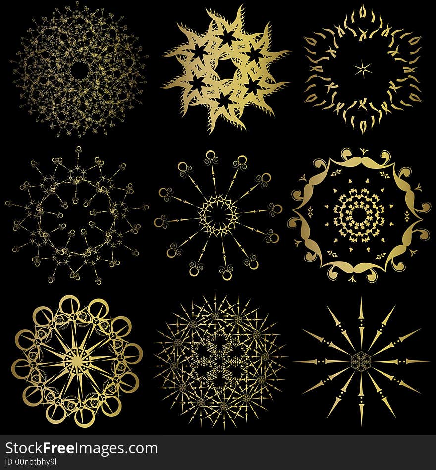 Collection of gold winter snowflakes - christmas background