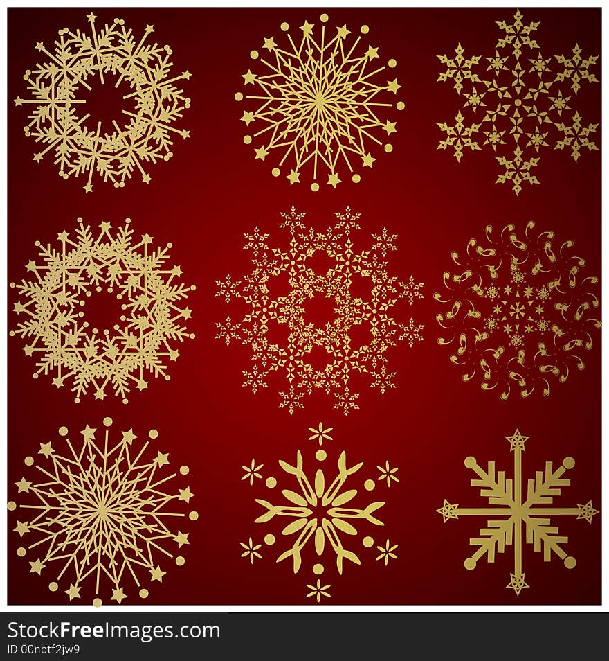 Collection of gold winter snowflakes - christmas background