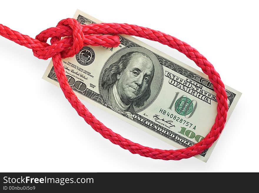 The red cord with bowline knot (loop) on a banknote. Isolated on white. Conception of risk or difficulty. The red cord with bowline knot (loop) on a banknote. Isolated on white. Conception of risk or difficulty.