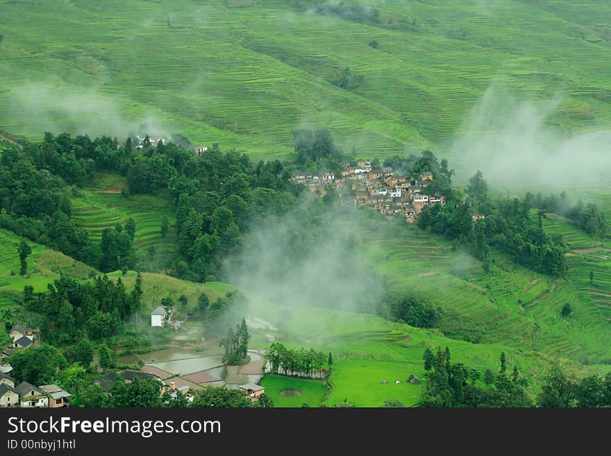 A terrace village after rain