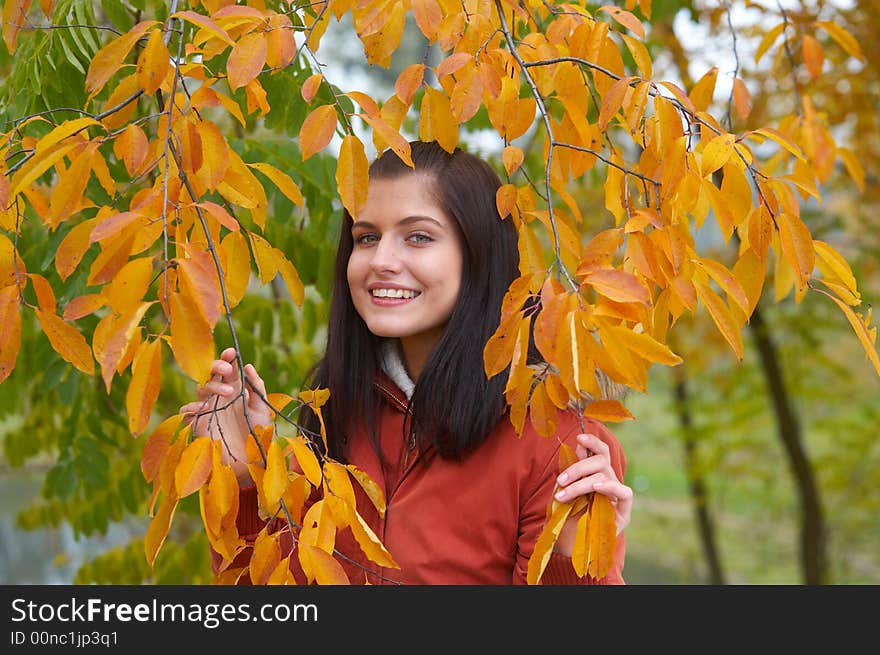 Pretty girl and golden leaf. Pretty girl and golden leaf