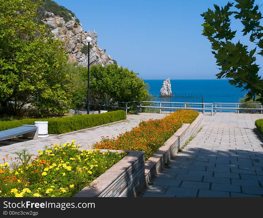 Trees, rock, pathway to sea