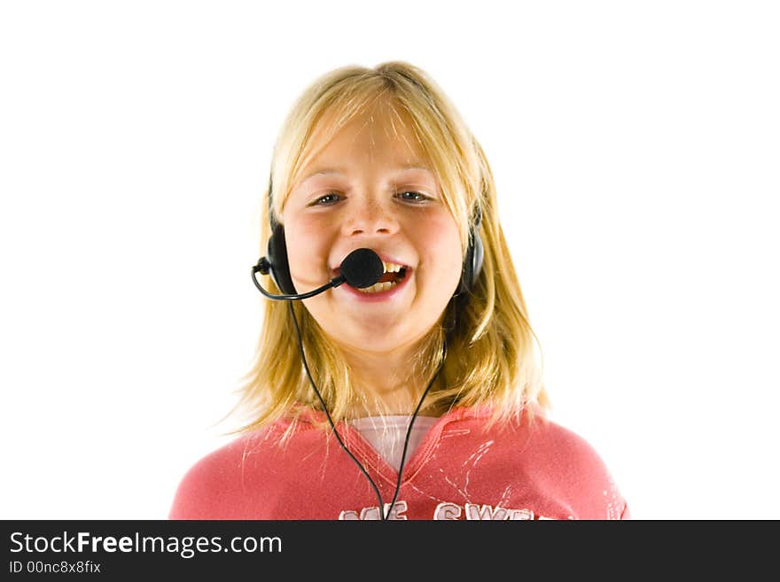 Young girl with a headset, shouting, singing and crying