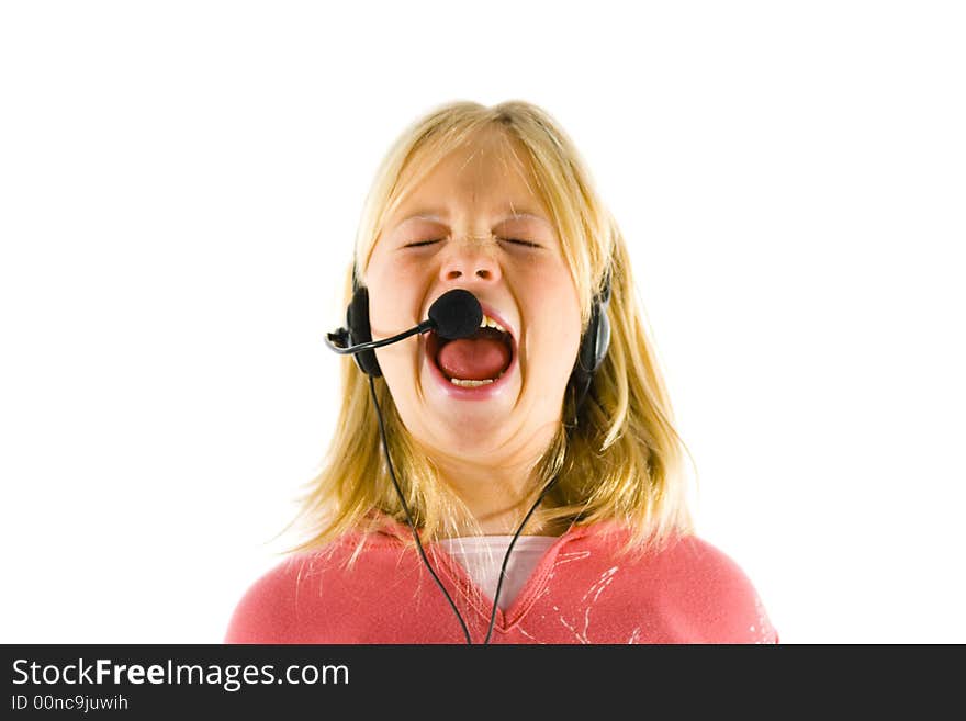 Young girl with a headset, shouting, singing and crying