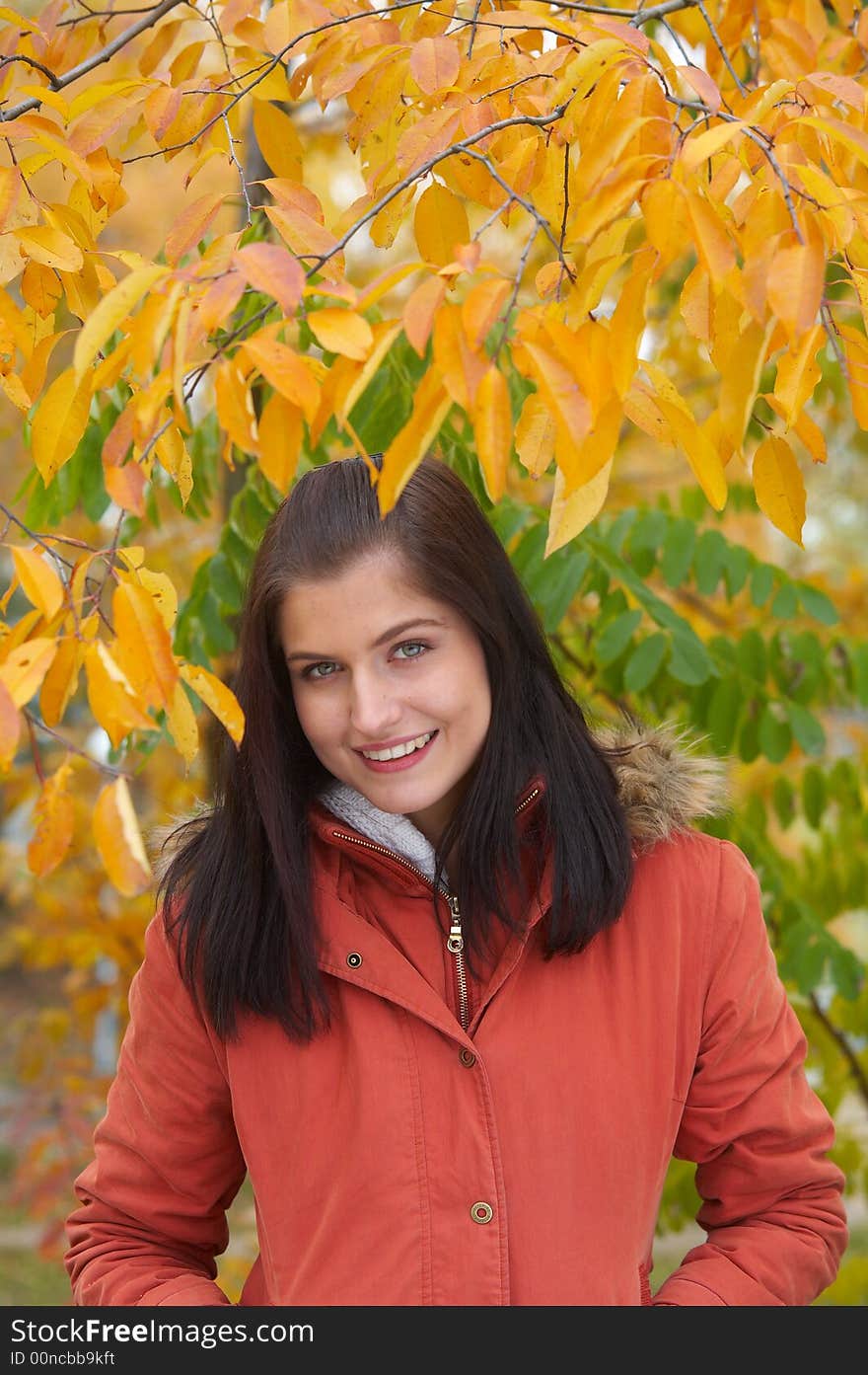 Pretty girl and golden leaf. Pretty girl and golden leaf