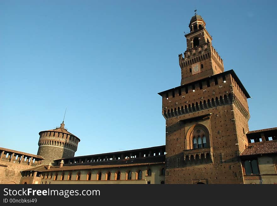 View of Milan Sforza castle in Italy under blue sky