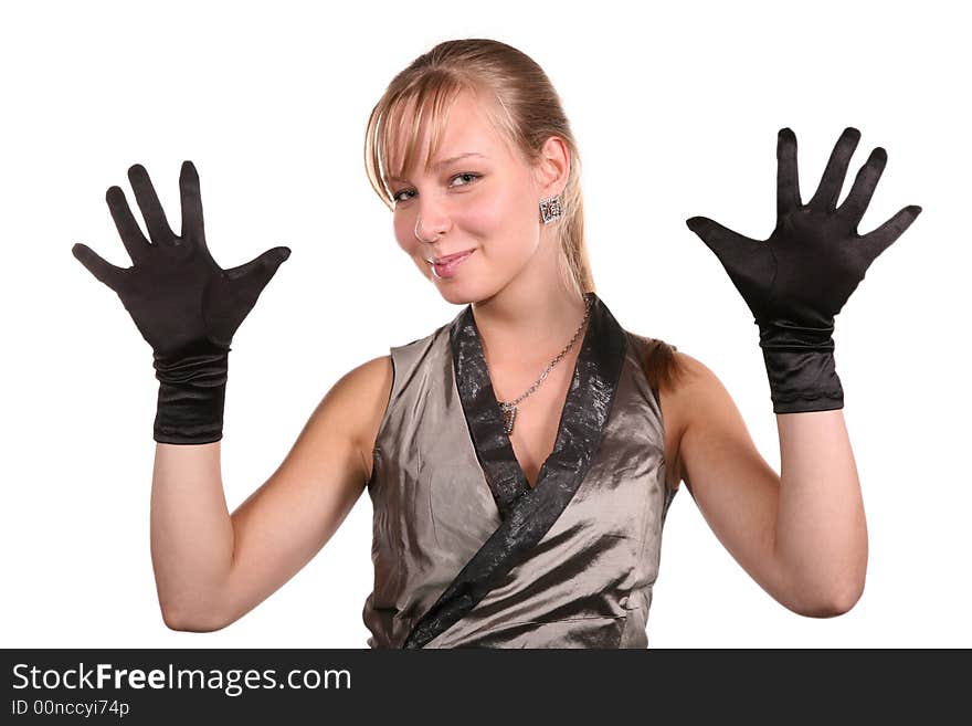 Young woman in black gloves