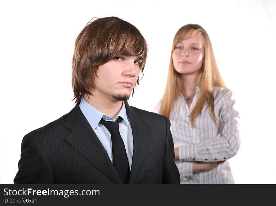 Office team, man and woman on white