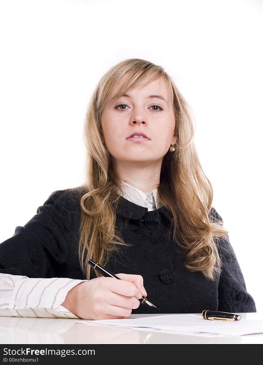 An atrractive female student with pen in hand