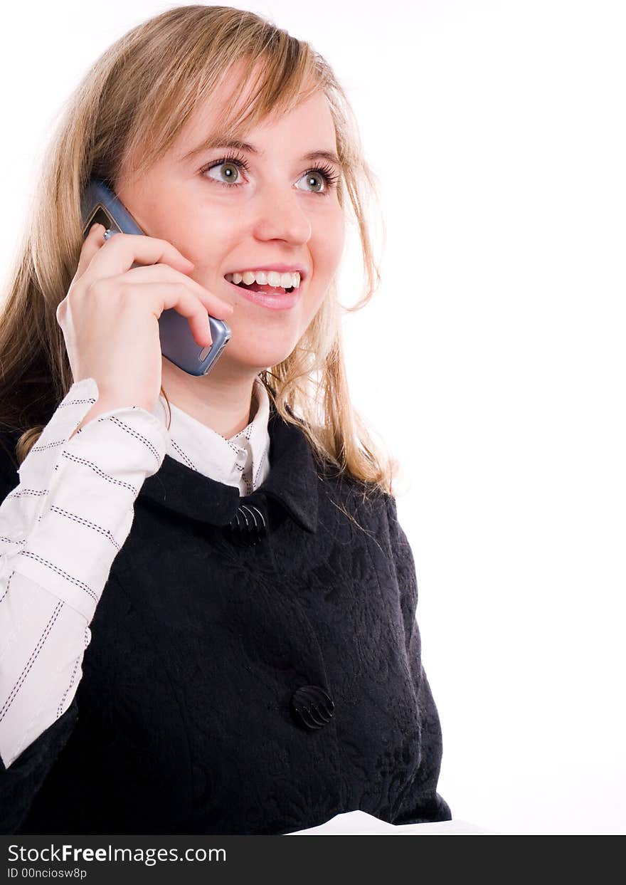 Young businesswoman on phone; smiling