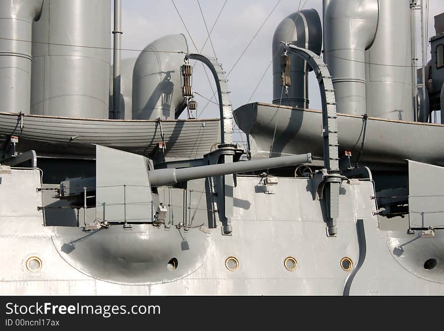 Ship gun with tubes, boats and lot of old-style ship details. Ship gun with tubes, boats and lot of old-style ship details.