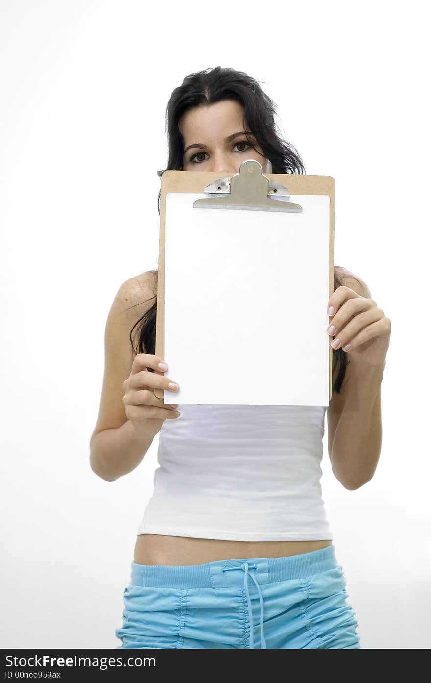 Young hispanic girl holding a blank paper - isolated over white