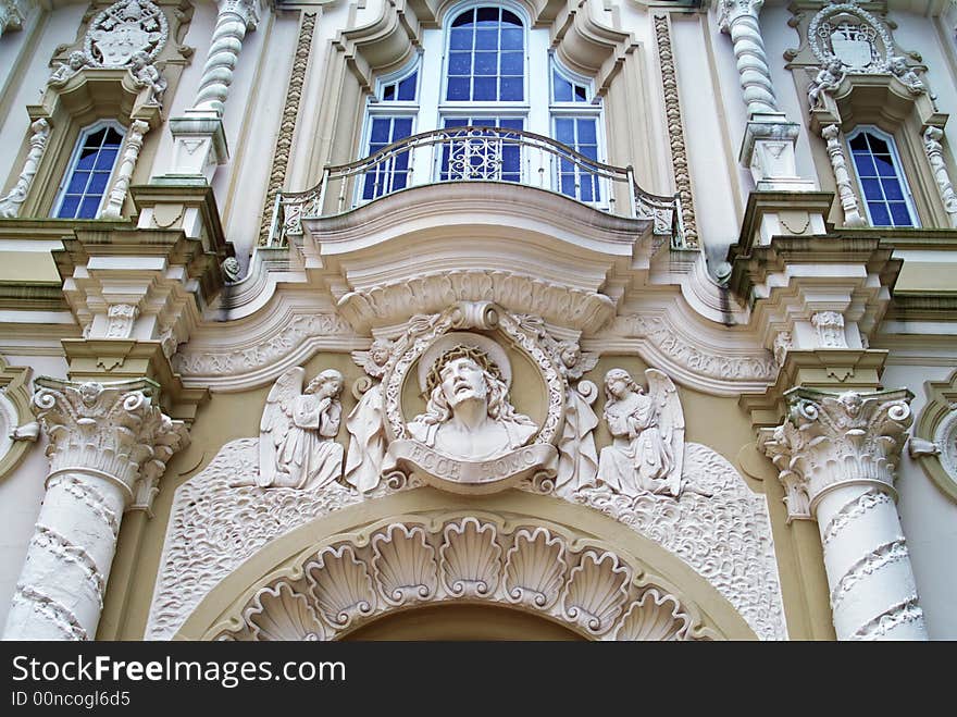 The front of a very ornately decorated church. The front of a very ornately decorated church.