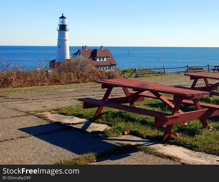 Lighthouse overlooking Atlantic Ocean near Portland, Maine. Lighthouse overlooking Atlantic Ocean near Portland, Maine