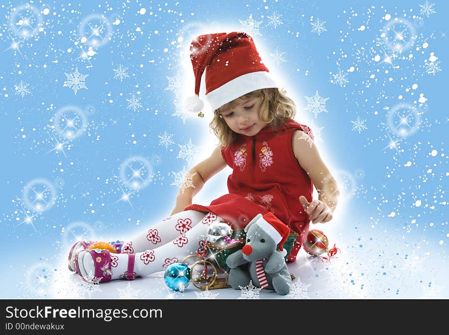 Beautiful little girl with christmas decoration on isolated background