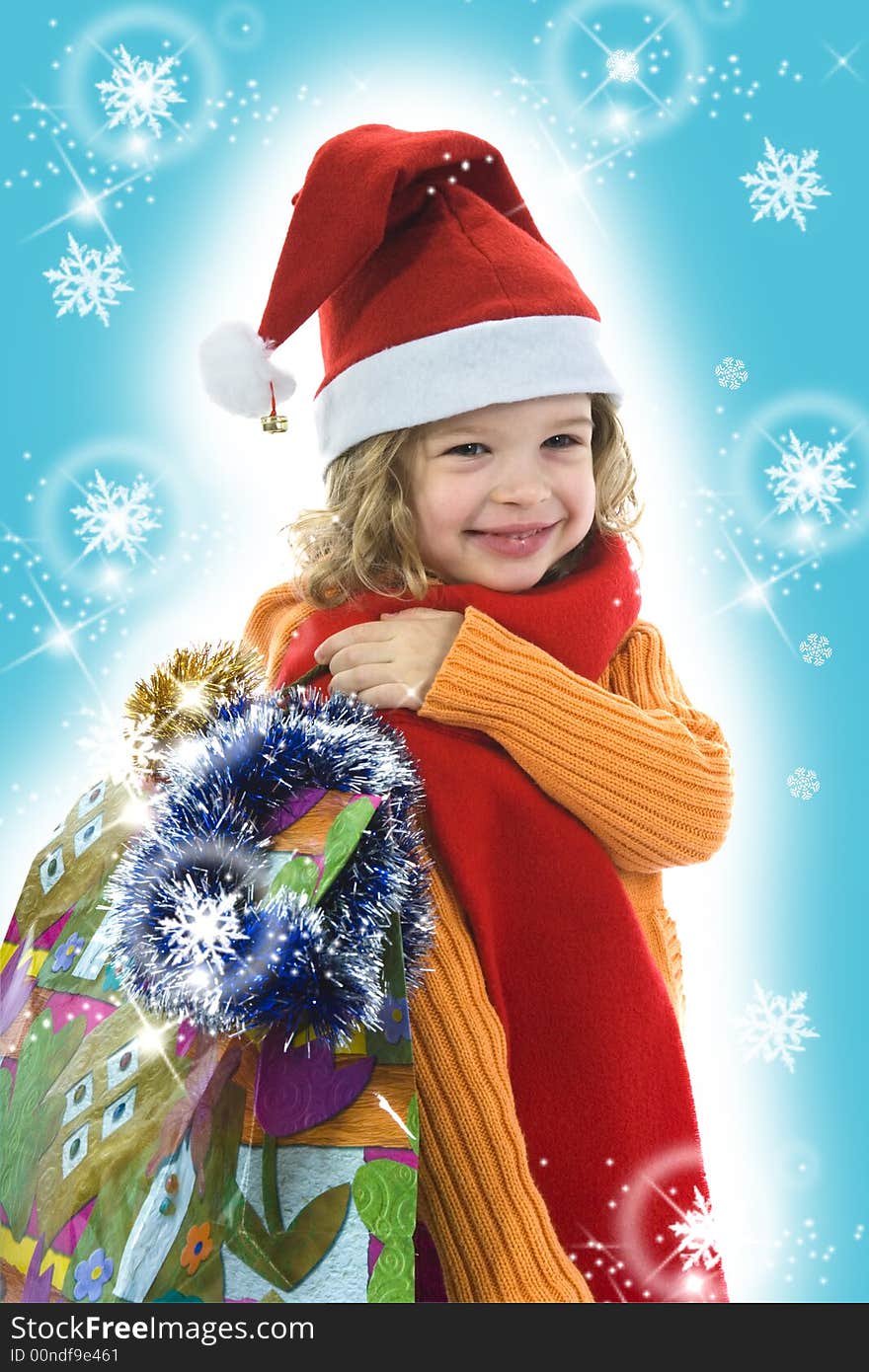 Beautiful little girl with christmas decoration on isolated background