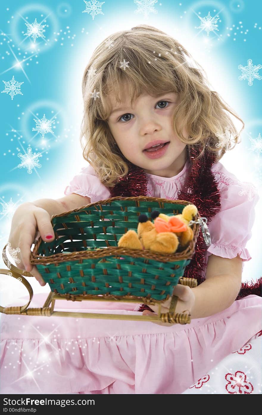 Beautiful little girl with christmas decoration on isolated background