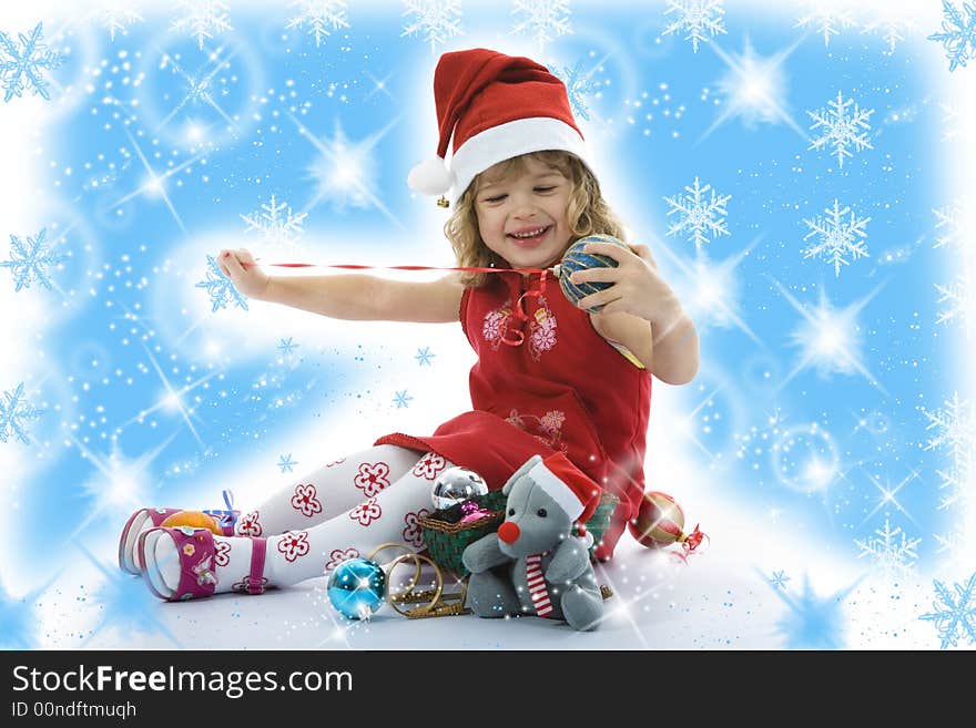 Beautiful little girl with christmas decoration on isolated background