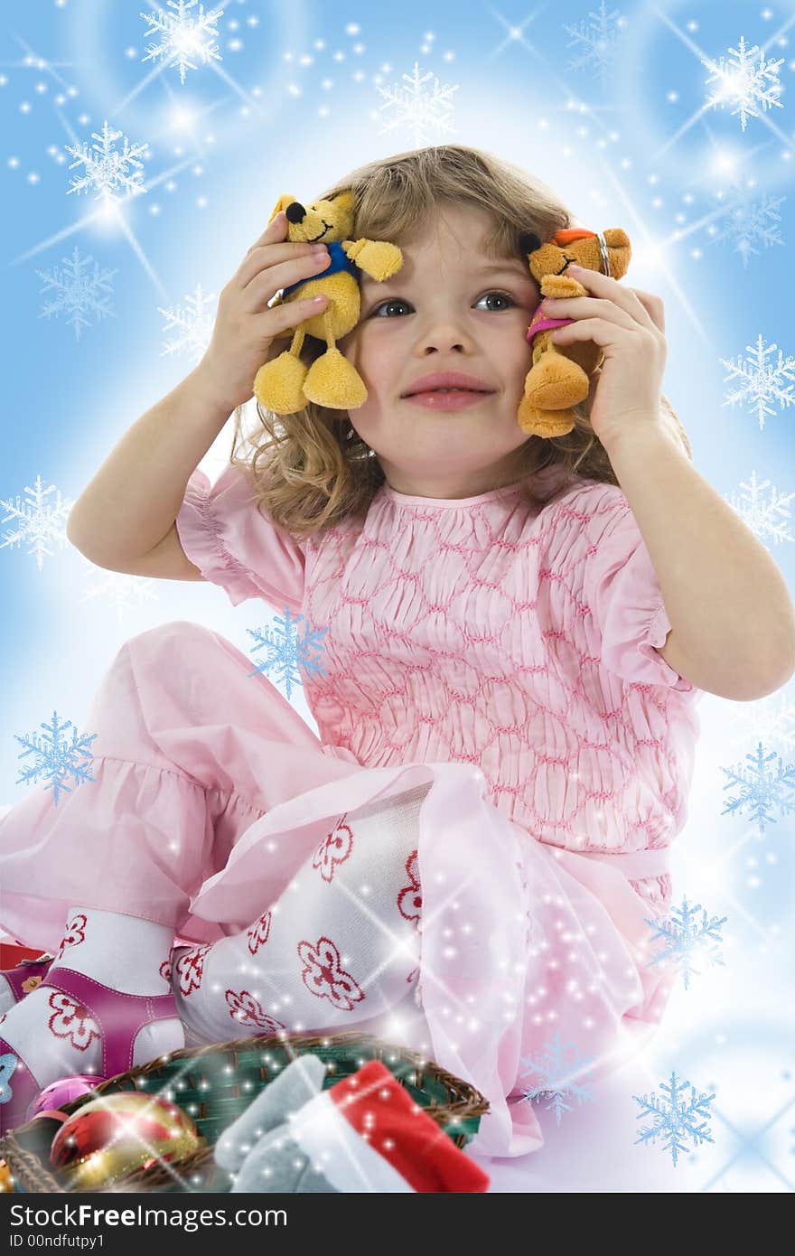 Beautiful little girl with christmas decoration on isolated background