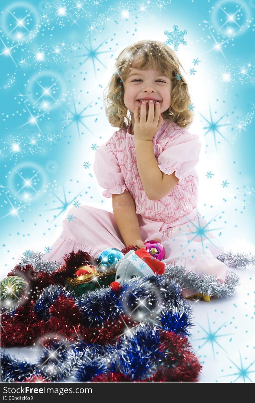 Beautiful little girl with christmas decoration on isolated background