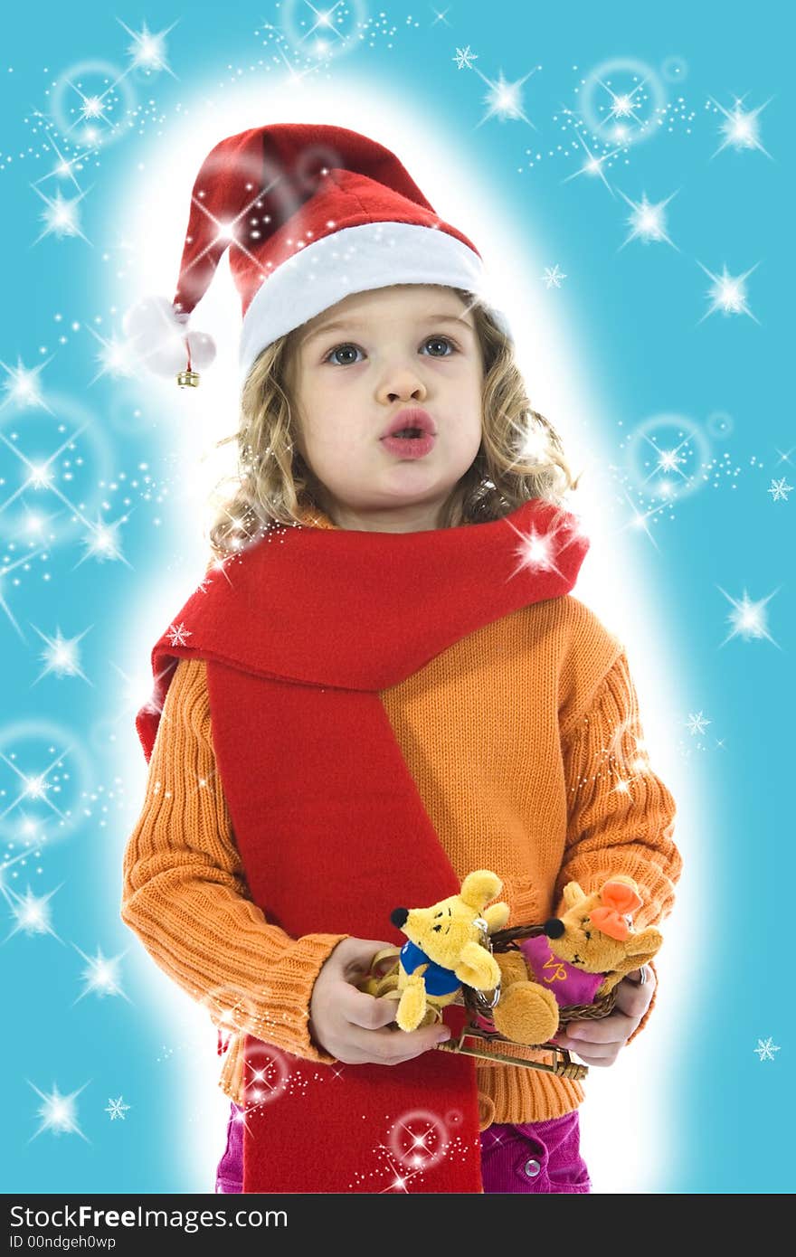 Beautiful little girl with mouse on isolated background