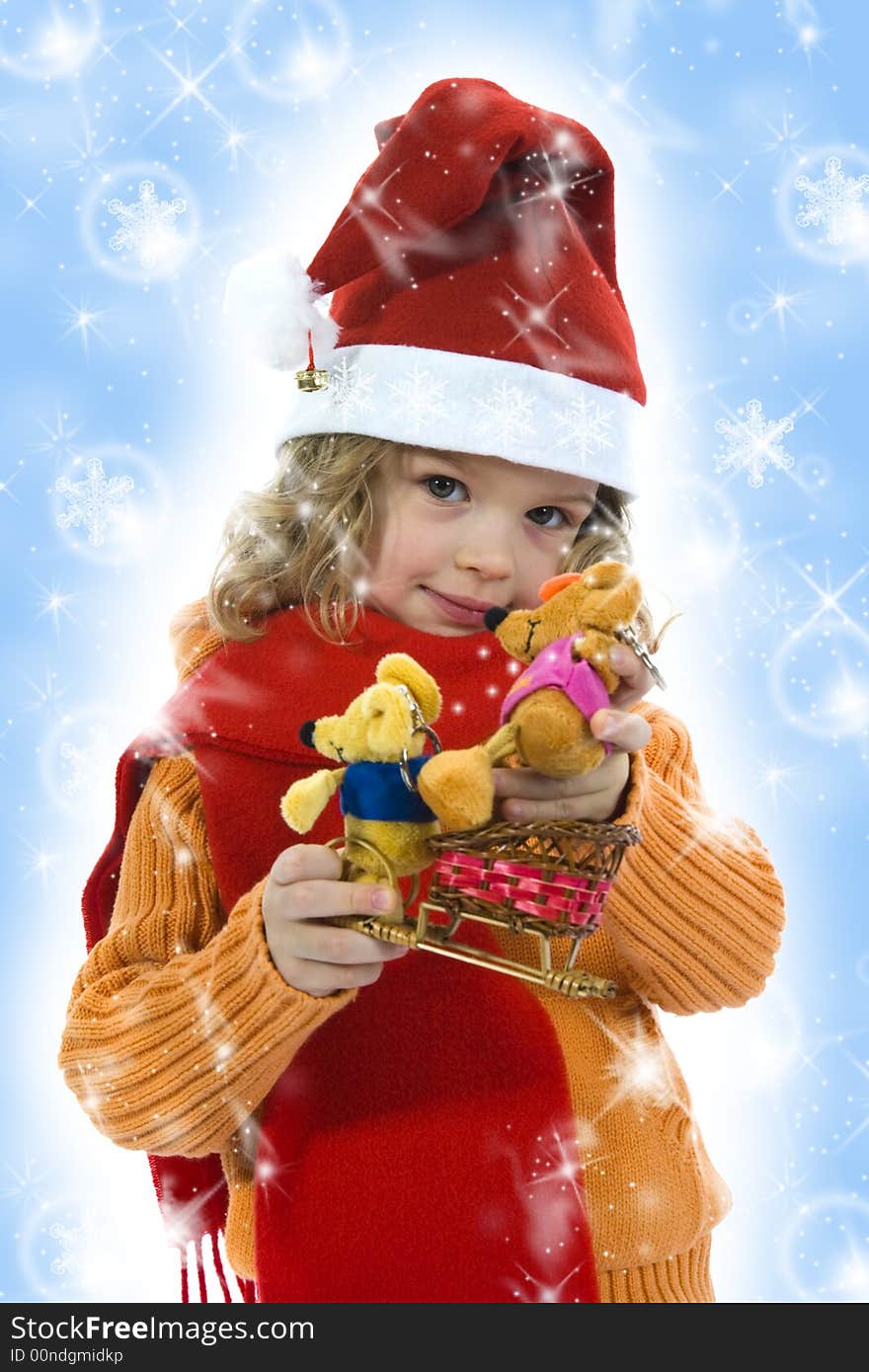 Beautiful little girl with mouse on isolated background