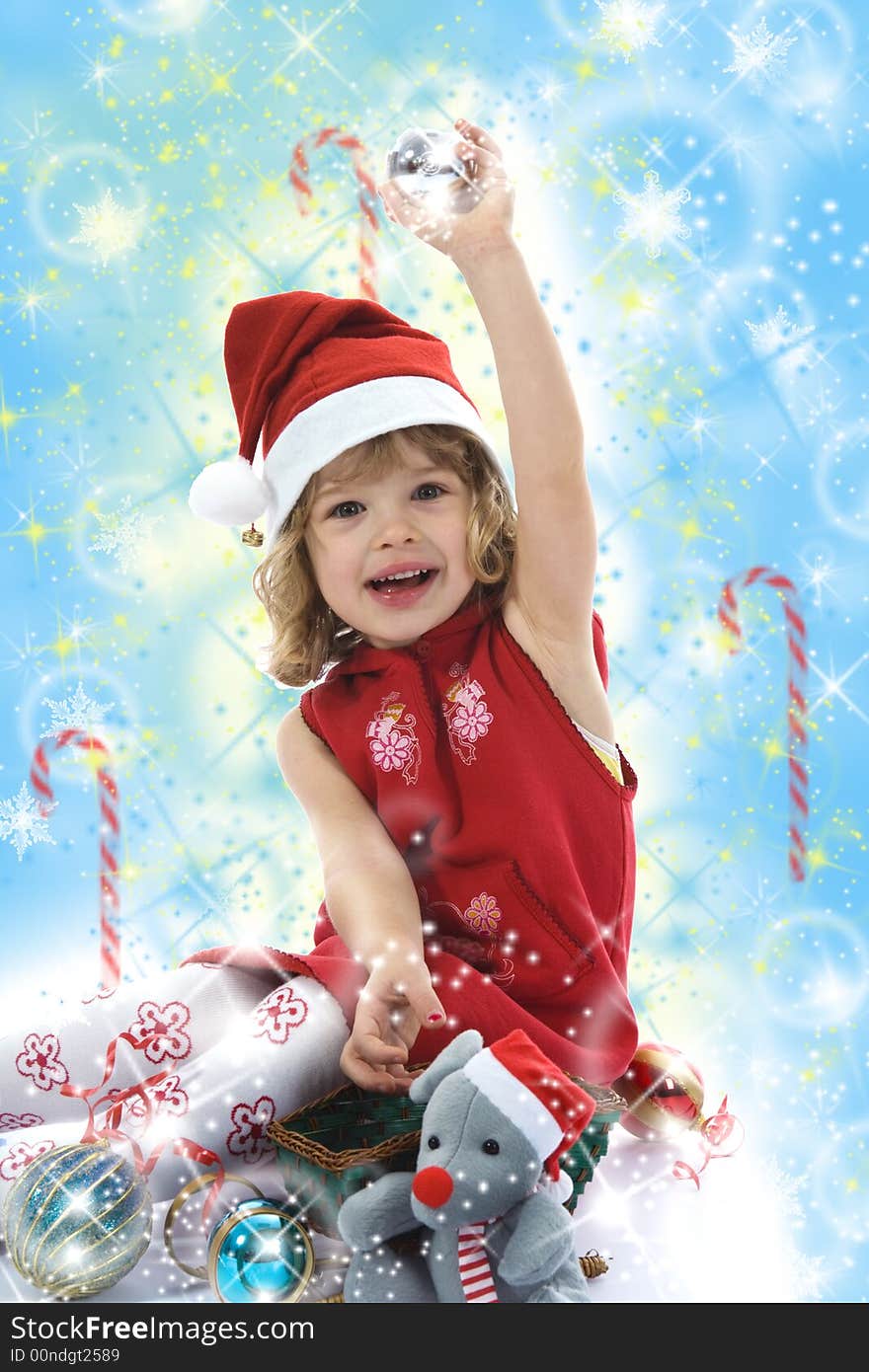 Beautiful little girl with christmas decoration on isolated background