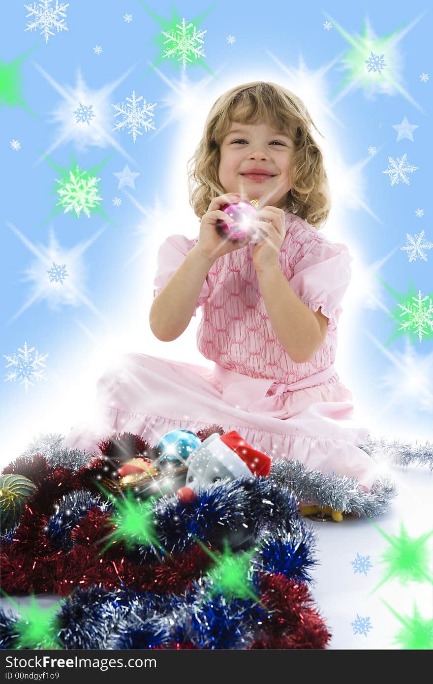 Beautiful little girl with christmas decoration on isolated background