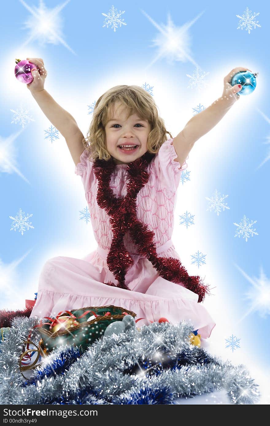 Beautiful little girl with christmas decoration on isolated background