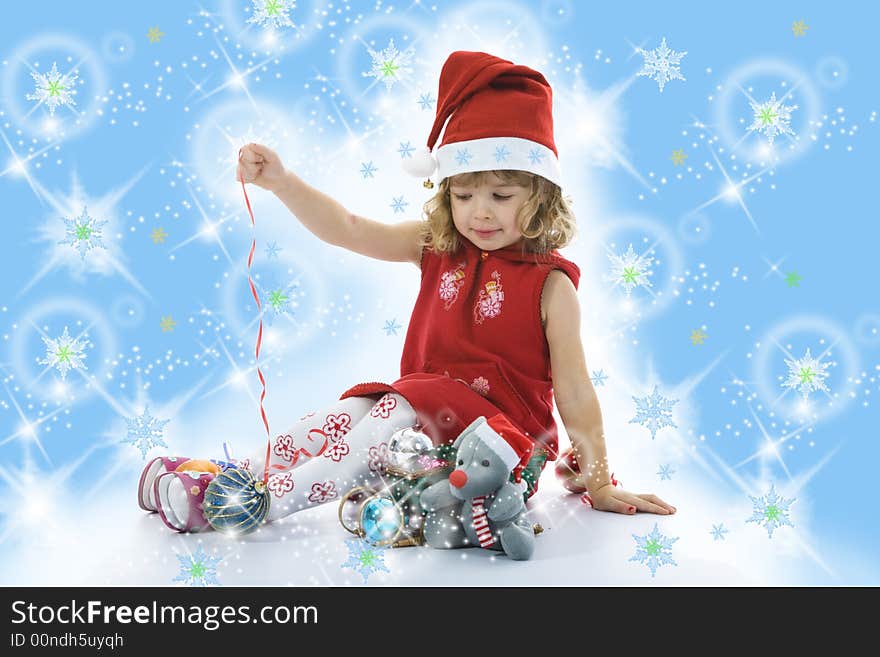 Beautiful little girl with christmas decoration on isolated background