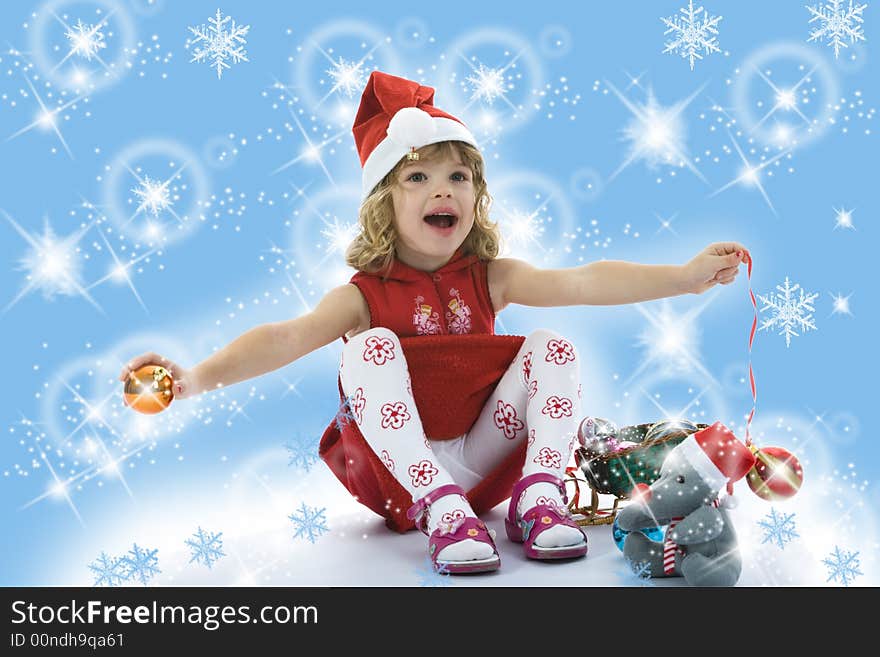 Beautiful little girl with christmas decoration on isolated background